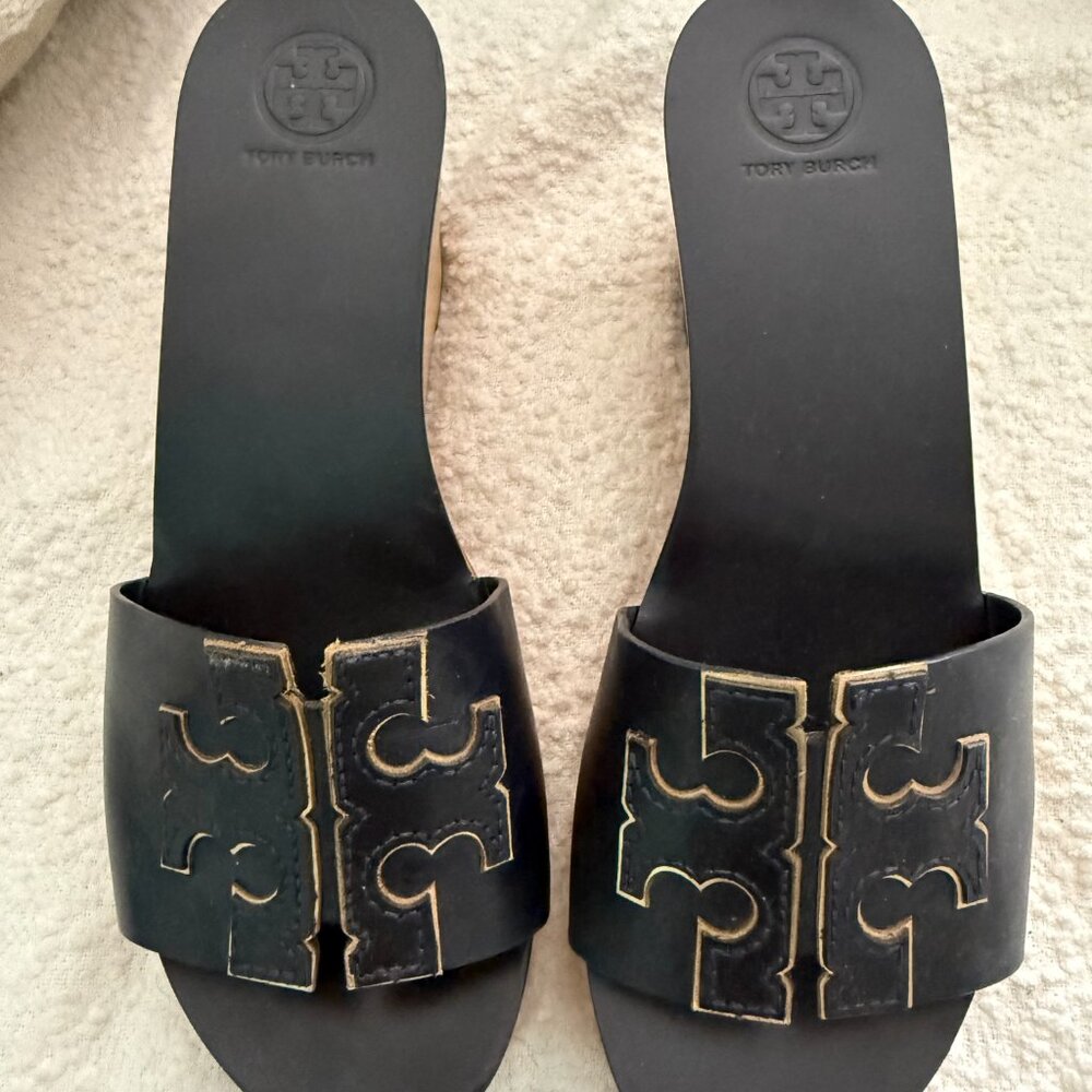 Tory Burch Ines Black/Blue Leather T Logo 3.5” Wood Wedge Mule